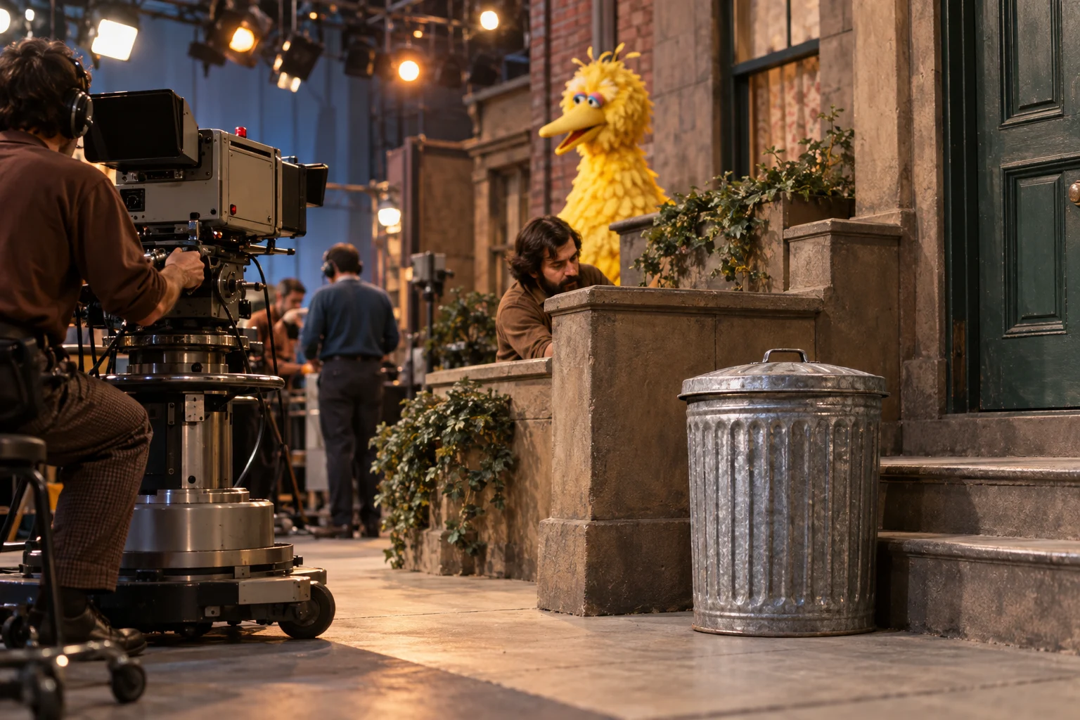 Illustration of a television camera facing a street set, a closed metal trash can and a large yellow bird puppet.