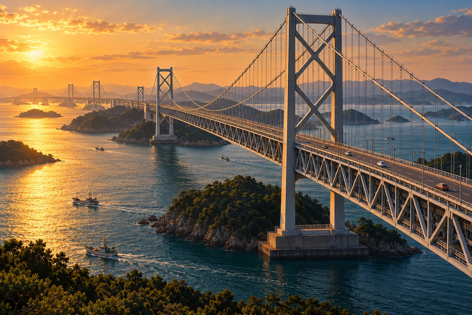 A steel suspension bridge carries 1980s cars between wooded islands above the Seto Inland Sea.