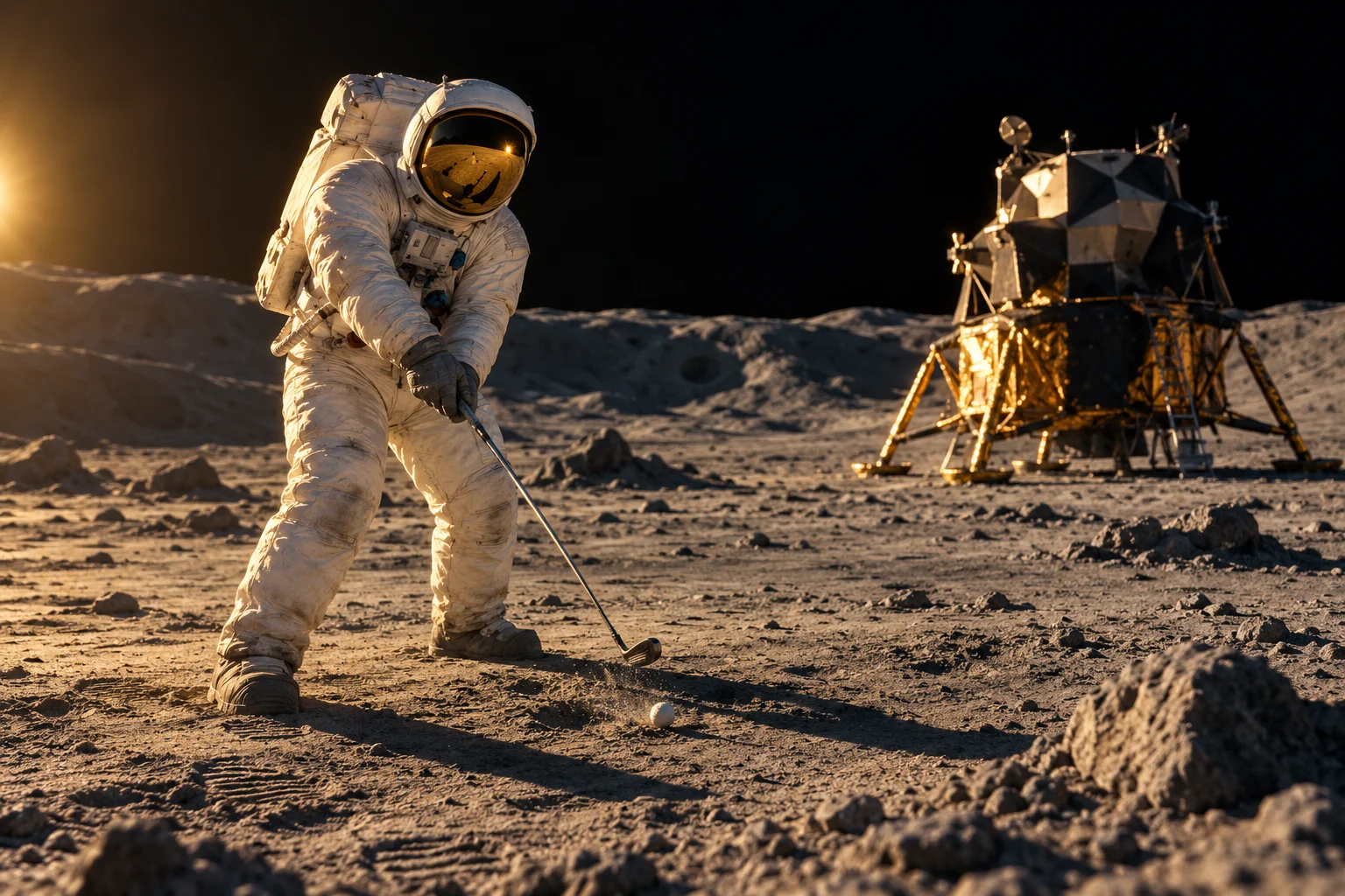 An astronaut takes a one-handed golf swing on the lunar surface with a lander in the background.