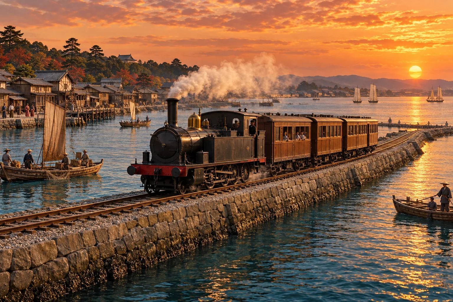 A small steam passenger train crosses a stone-faced embankment in Tokyo Bay beside fishing boats and low shoreline buildings.
