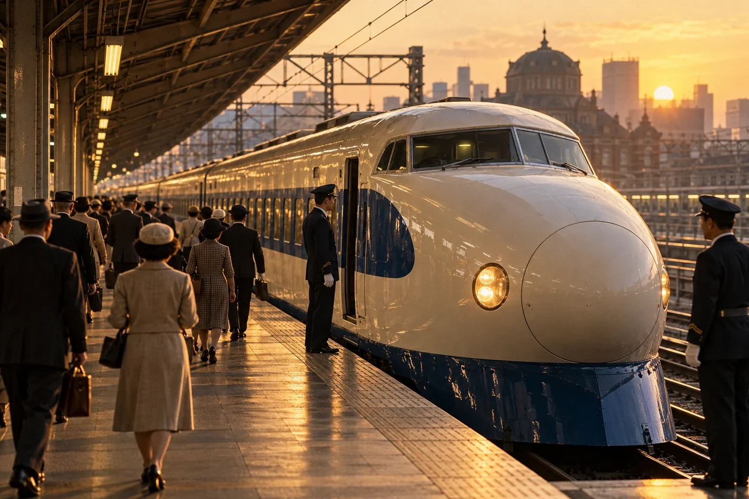 An imagined 1964 railway platform with a rounded-nose 0 Series bullet train.