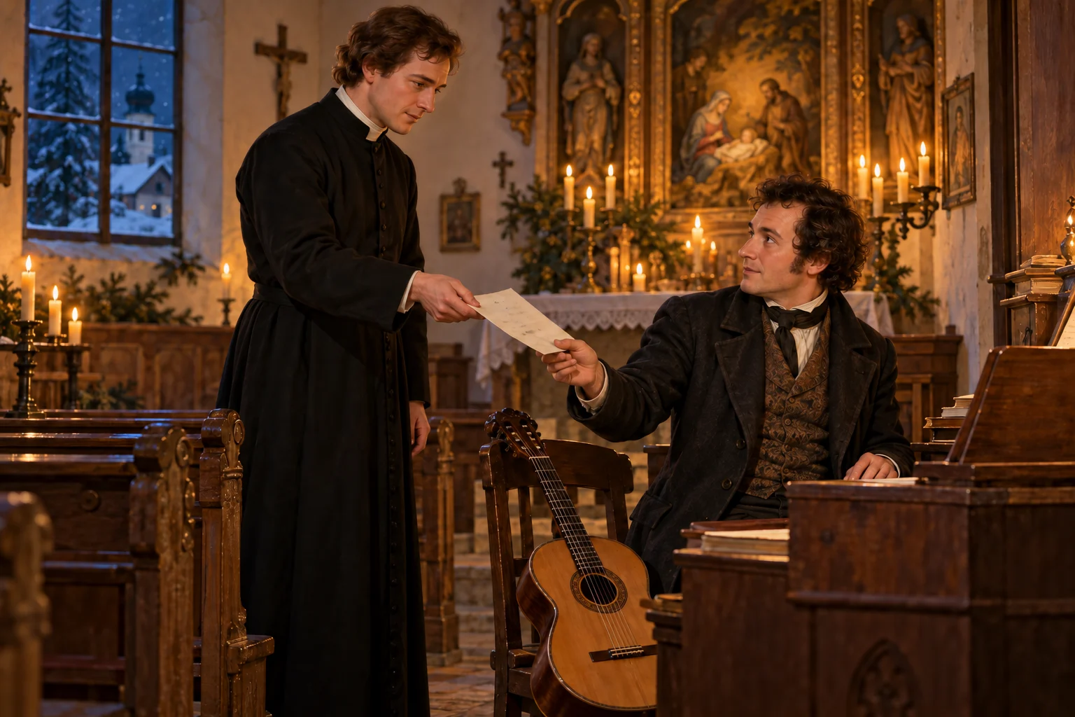 A young Austrian priest hands a folded sheet to a teacher-organist inside a candlelit church, with a guitar beside them.
