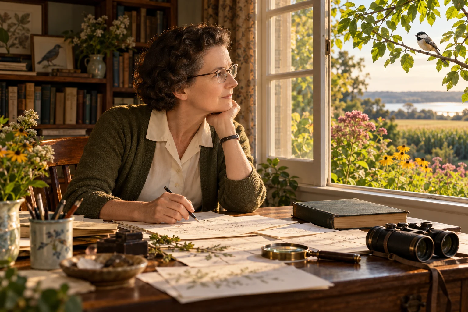 Illustration of Rachel Carson at a desk with research papers, looking toward a songbird outside her window.