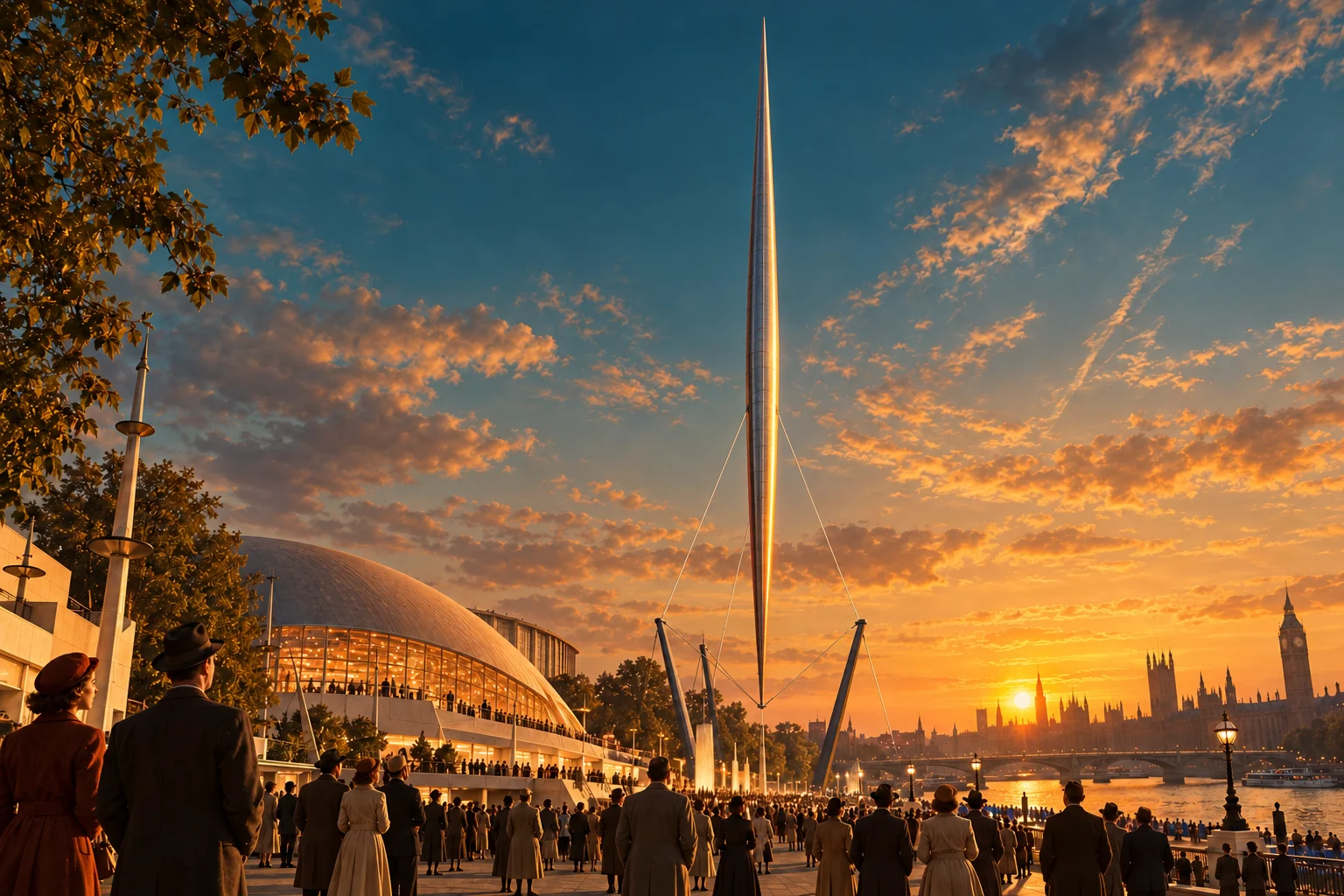 Visitors look up at a slender metal tower suspended between steel supports beside the Thames.