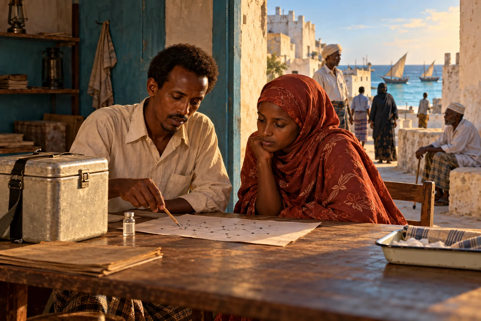 Two Somali health workers study a contact diagram beside a vaccine carrier in a modest coastal clinic.