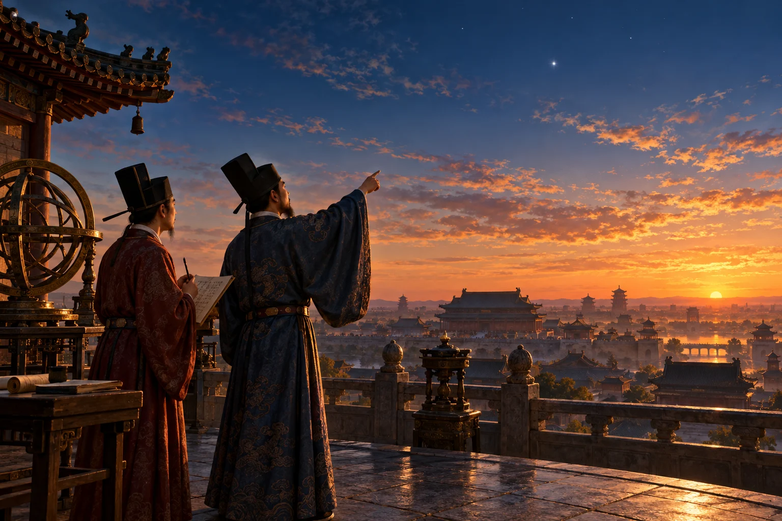 Two Song-dynasty observers watch a bright point of light above a tiled city at dawn.