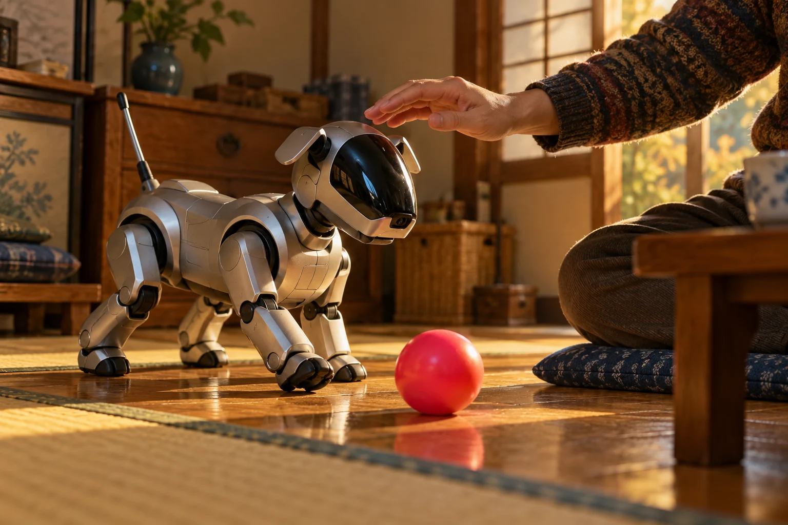 A silver robotic dog approaches a bright ball as a person reaches to pat its head in a Japanese home.