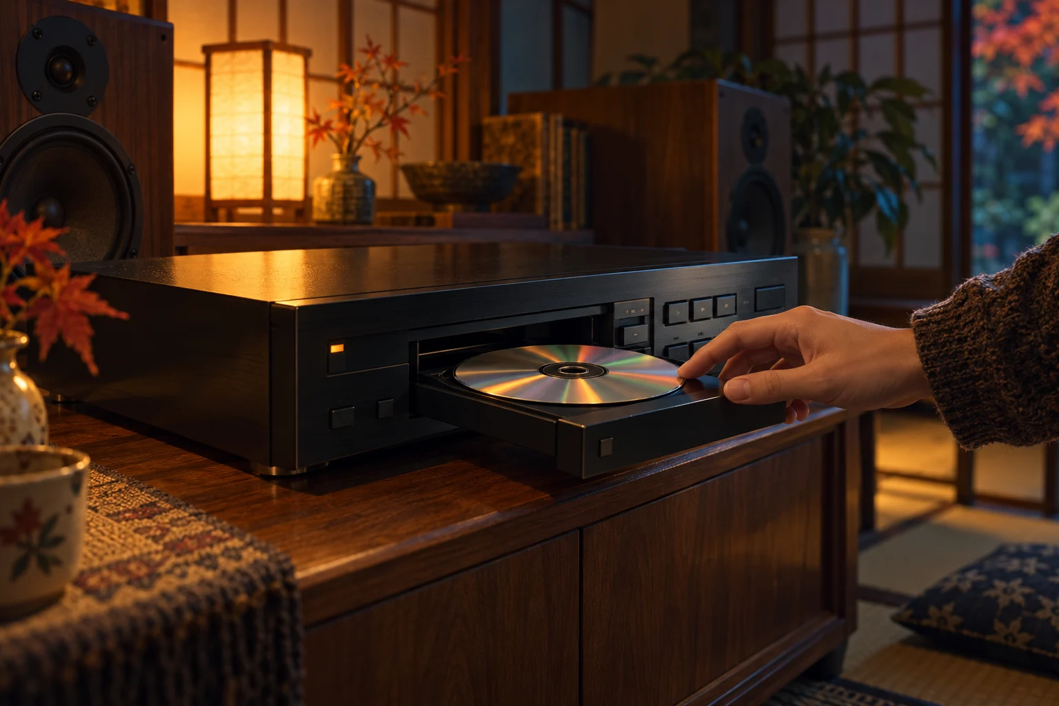 A hand places a silver compact disc into the open tray of an early black hi-fi player.