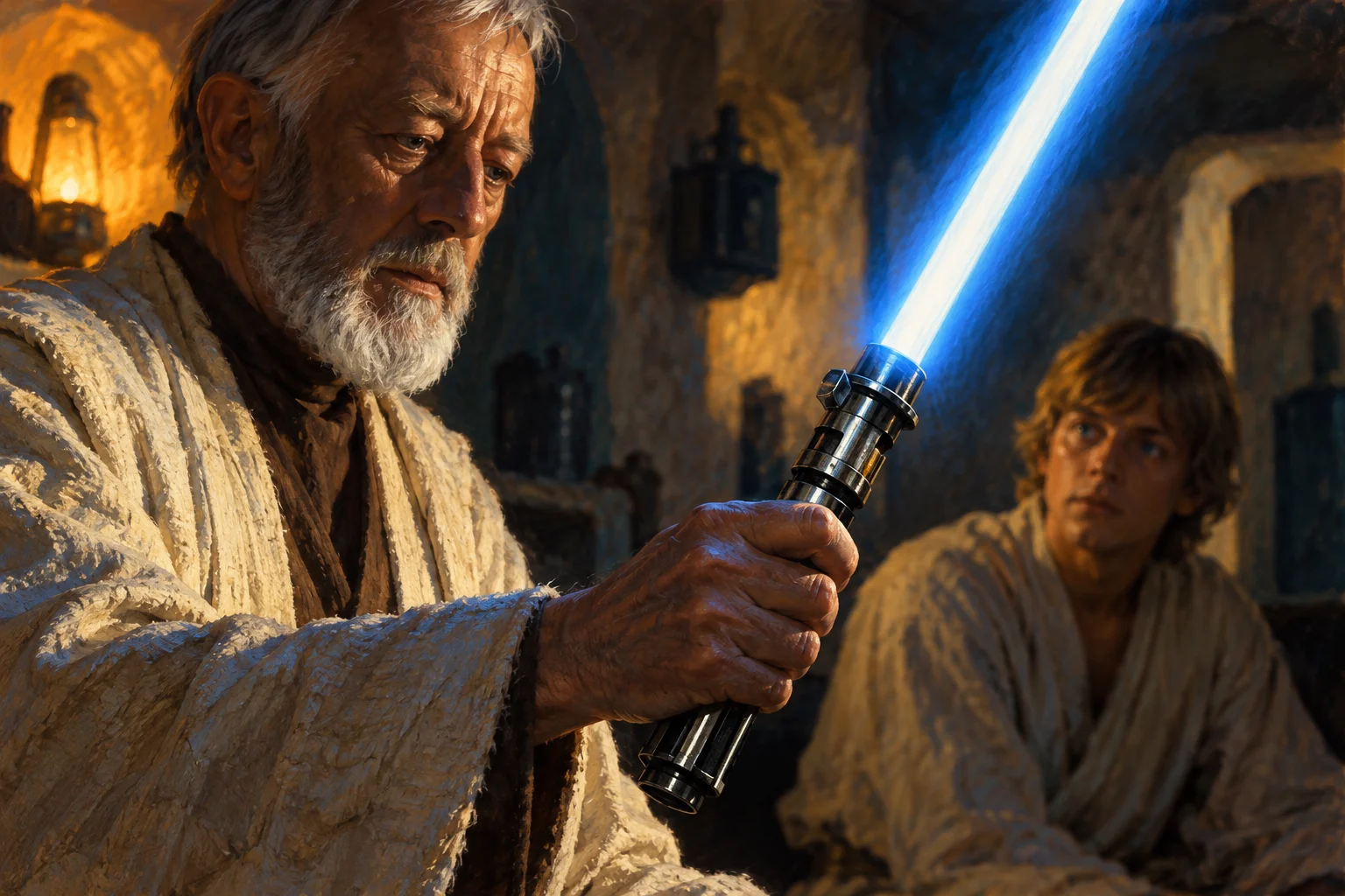 An older robed man examines a glowing blue blade in a warmly lit desert dwelling.