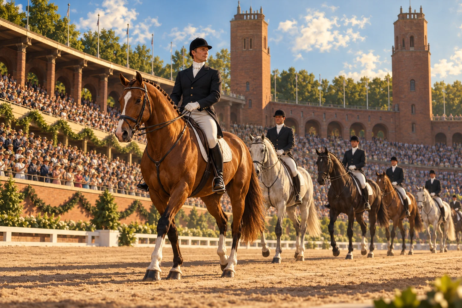Mounted riders parade through a crowded red-brick Stockholm stadium in summer sunlight.