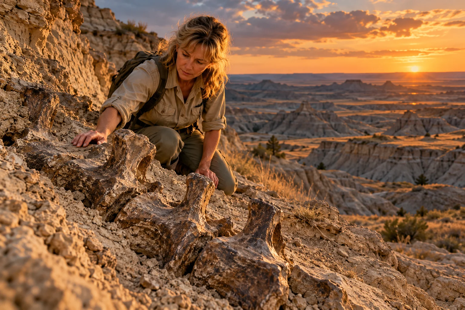 A fossil hunter examines large vertebrae emerging from an eroded South Dakota bluff.
