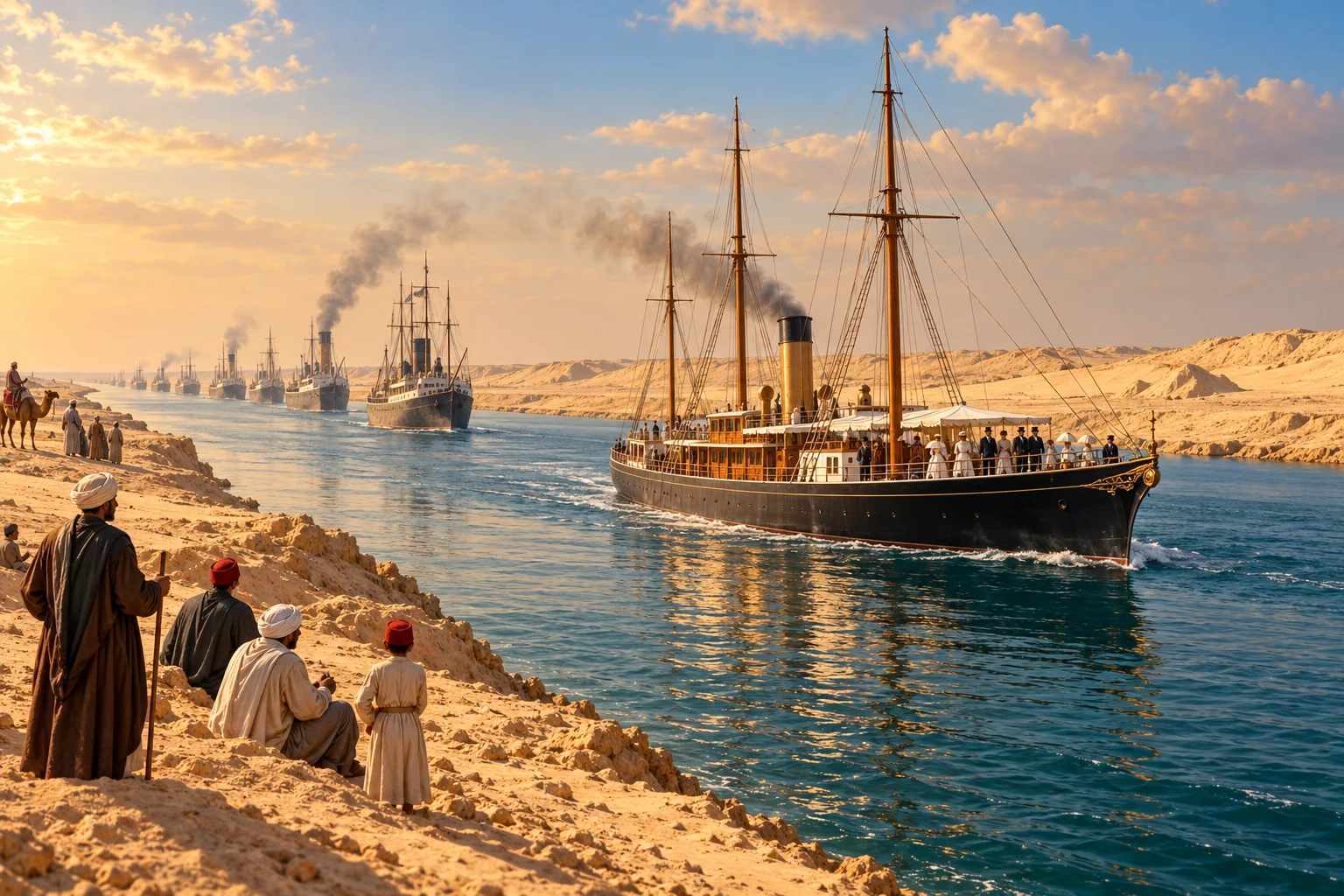 Nineteenth-century steamships proceed through a narrow canal between sandy Egyptian banks.