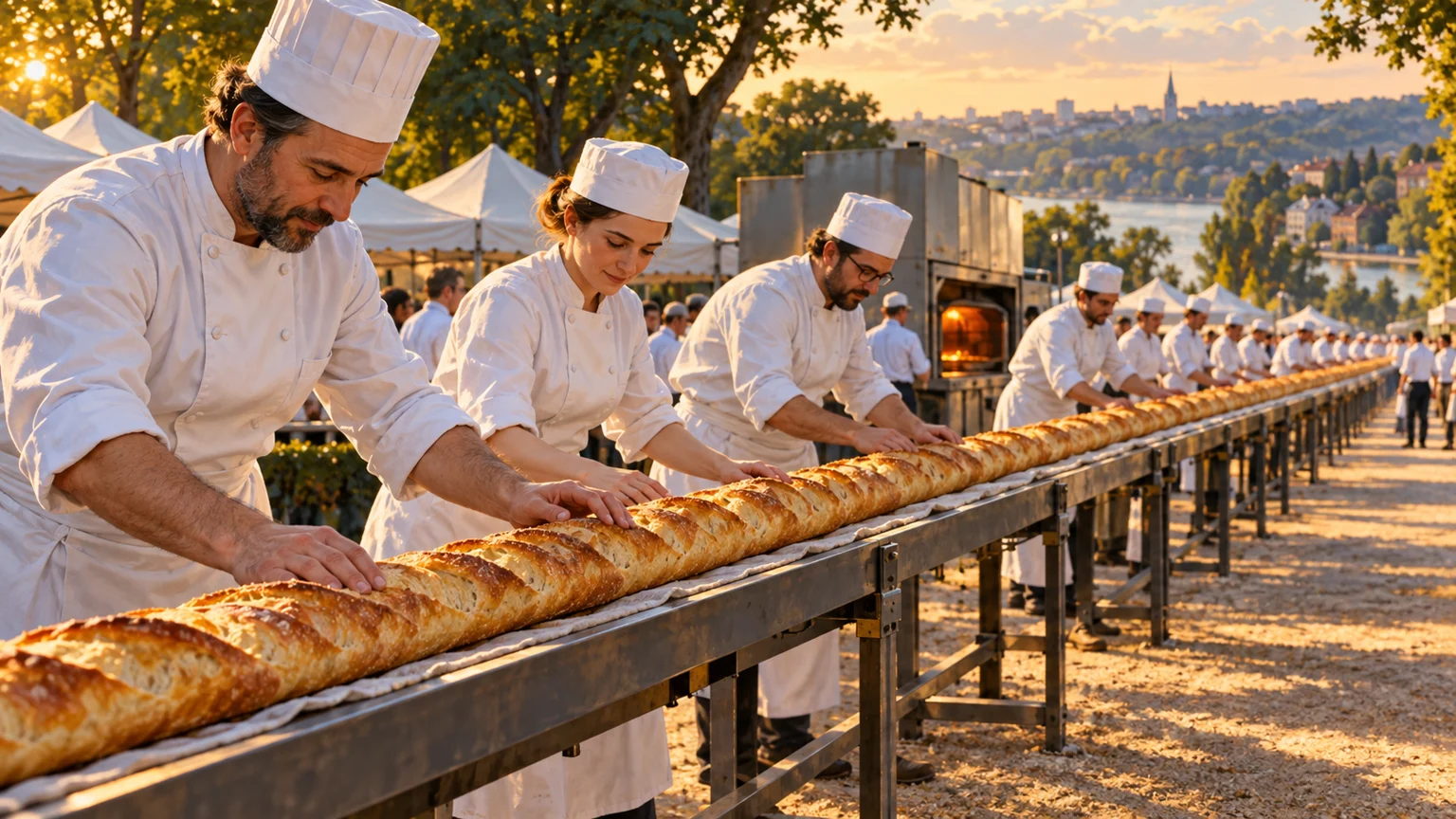 Bakers tend an exceptionally long baguette on a narrow outdoor support, with a metal oven enclosure behind them.
