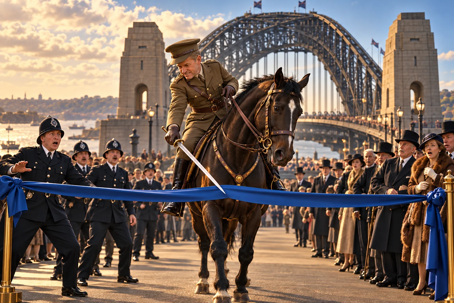 A mounted man in khaki service uniform reaches toward a blue ribbon with a sword as police and spectators react near Sydney Harbour Bridge.