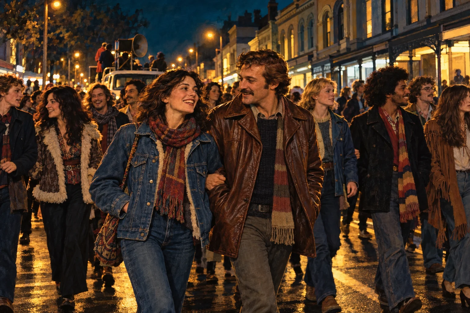 Adults in 1970s winter clothes walk together along a lamplit Sydney street behind a loudspeaker truck.