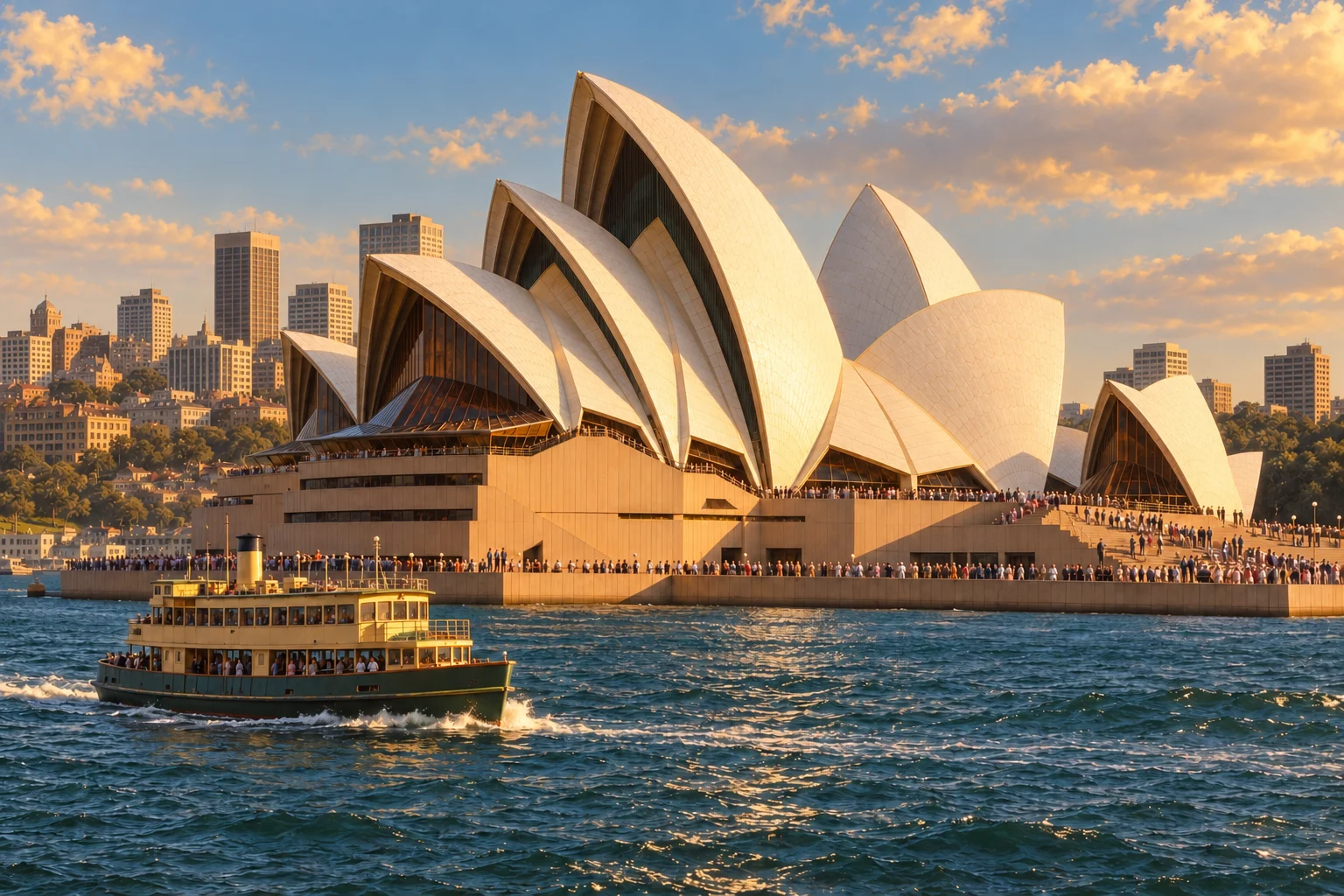 A harbour ferry passes the completed Sydney Opera House as crowds gather on its podium.