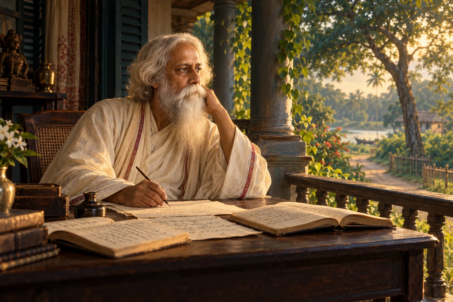 Rabindranath Tagore sits with books and manuscripts at a veranda desk overlooking a garden.