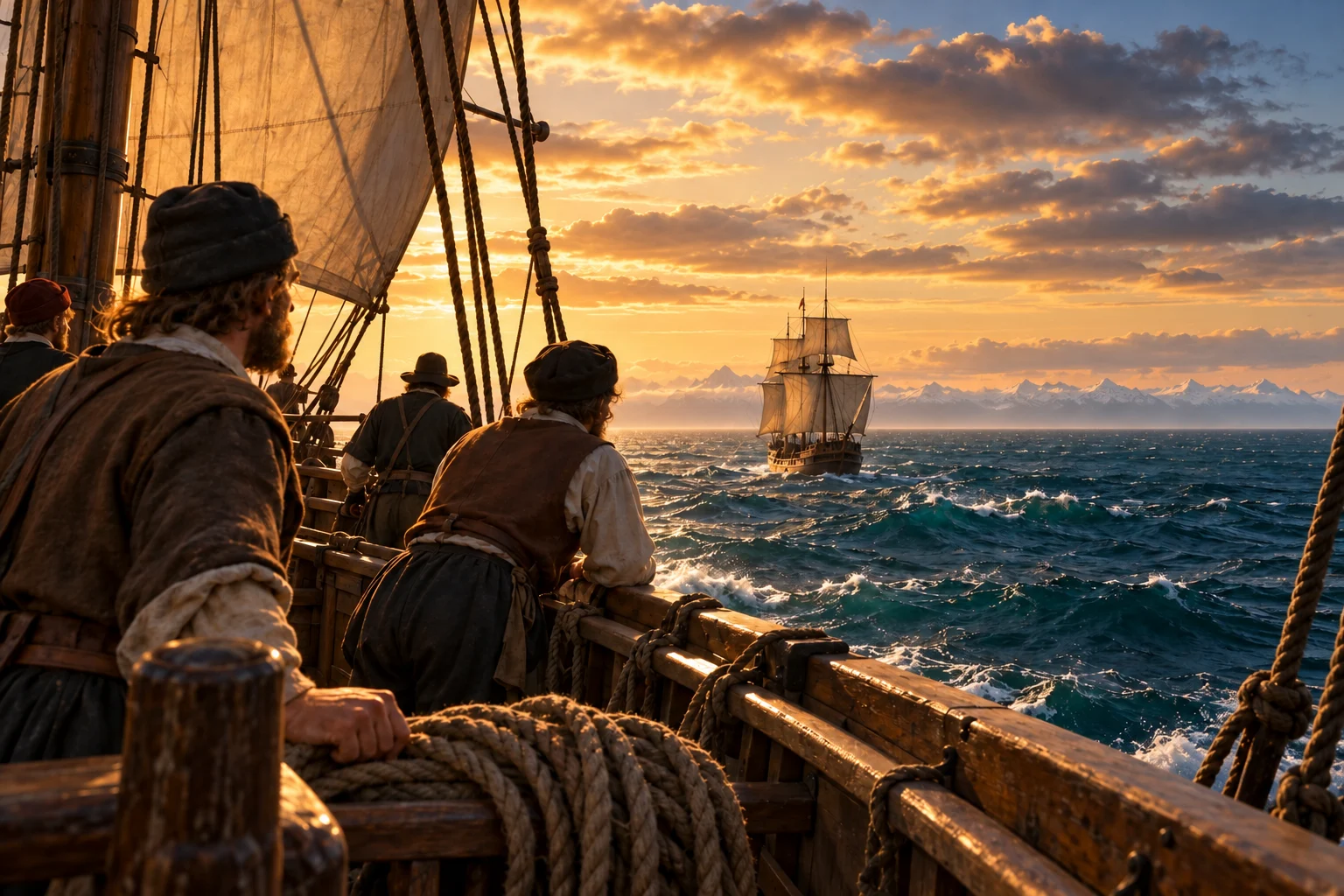 Dutch sailors look across open sea toward distant mountains from the deck of a seventeenth-century sailing ship.