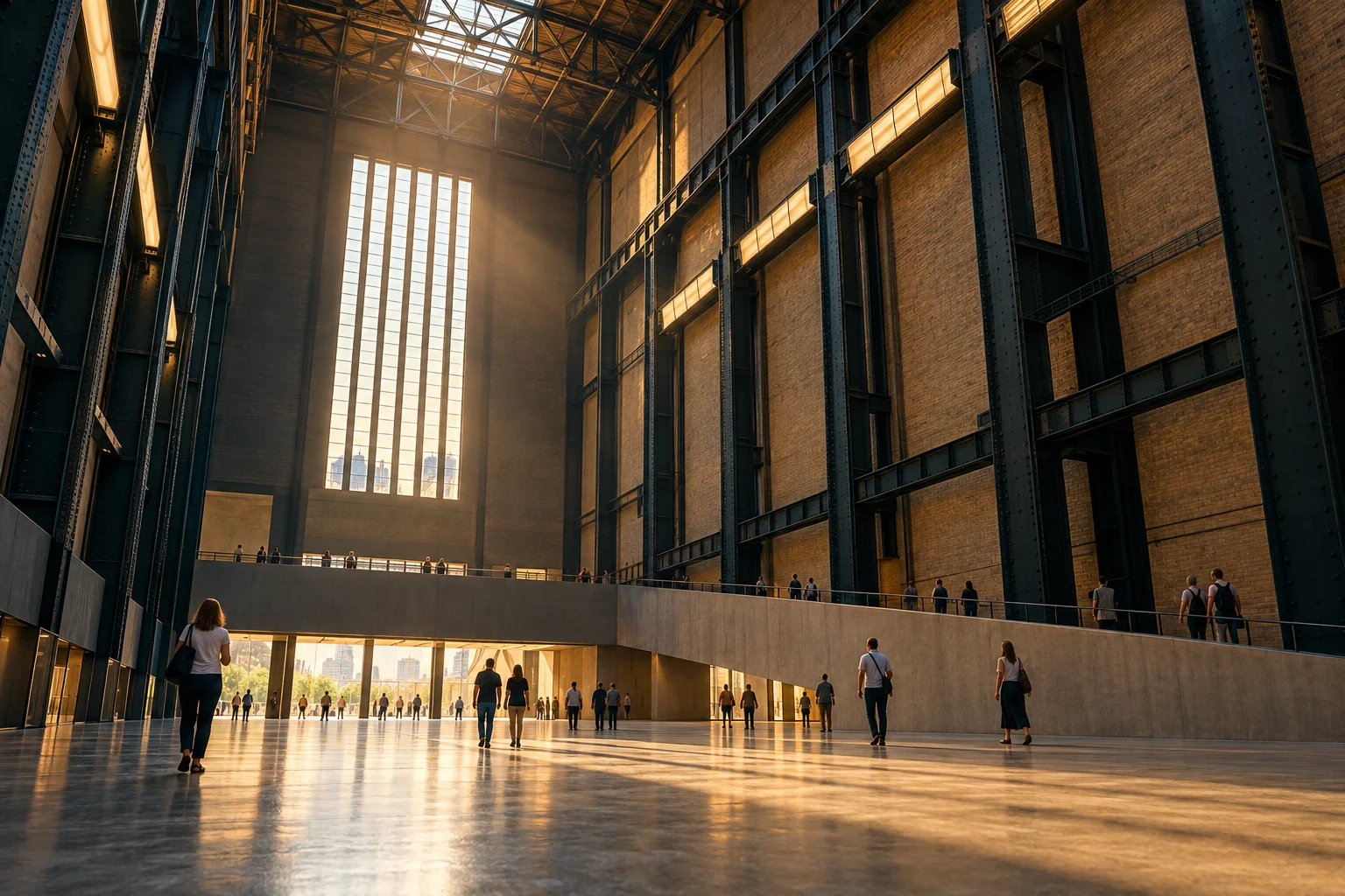 Small groups of visitors stand inside Tate Modern’s immense former industrial hall.
