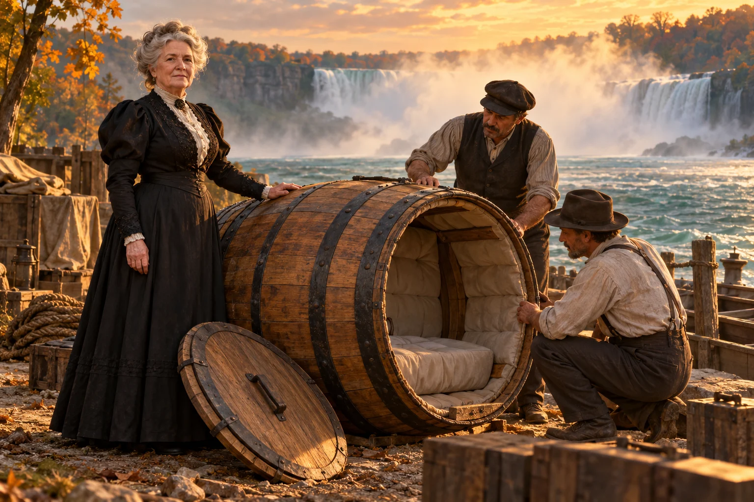 An older woman stands beside a large padded wooden barrel while two boatmen inspect it near Niagara Falls.