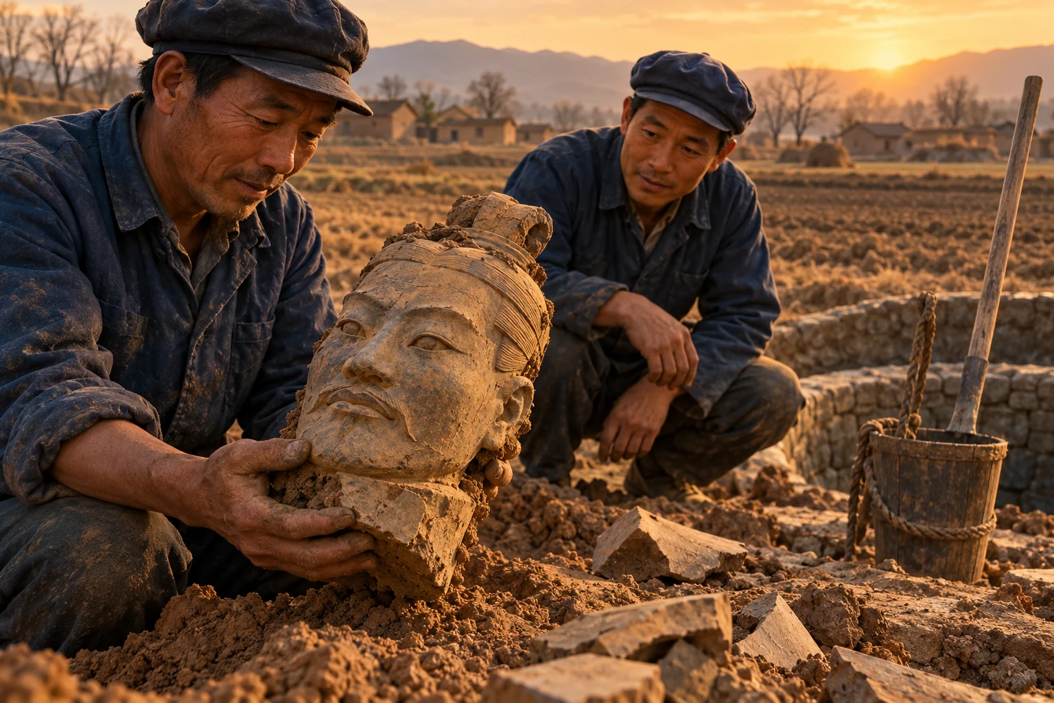 Two farmers examine an ancient clay head beside a newly dug rural well.