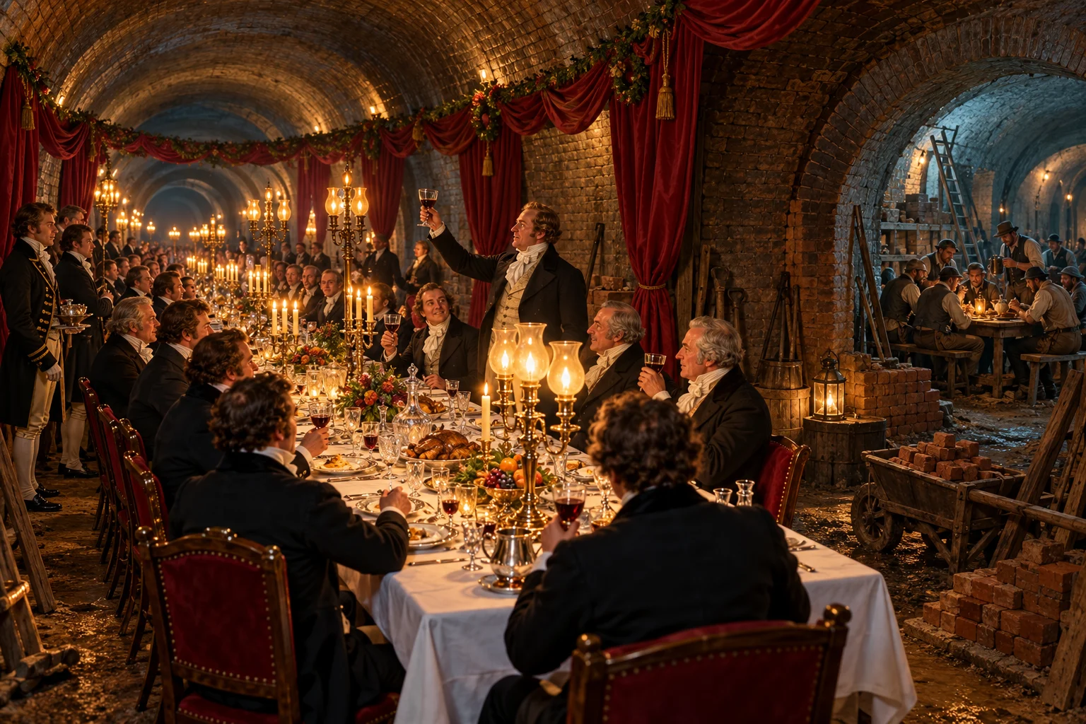 Guests dine by warm lights beneath unfinished brick tunnel arches, with a separate workmen’s table visible alongside.