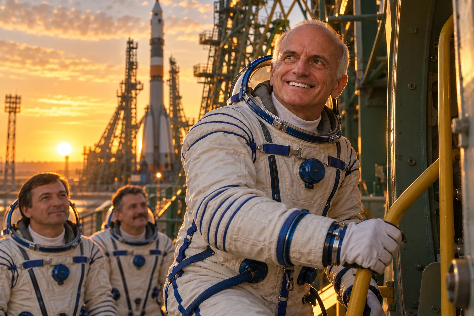 Dennis Tito in a white pressure suit prepares to board beside a launch gantry, with two crewmates behind him.