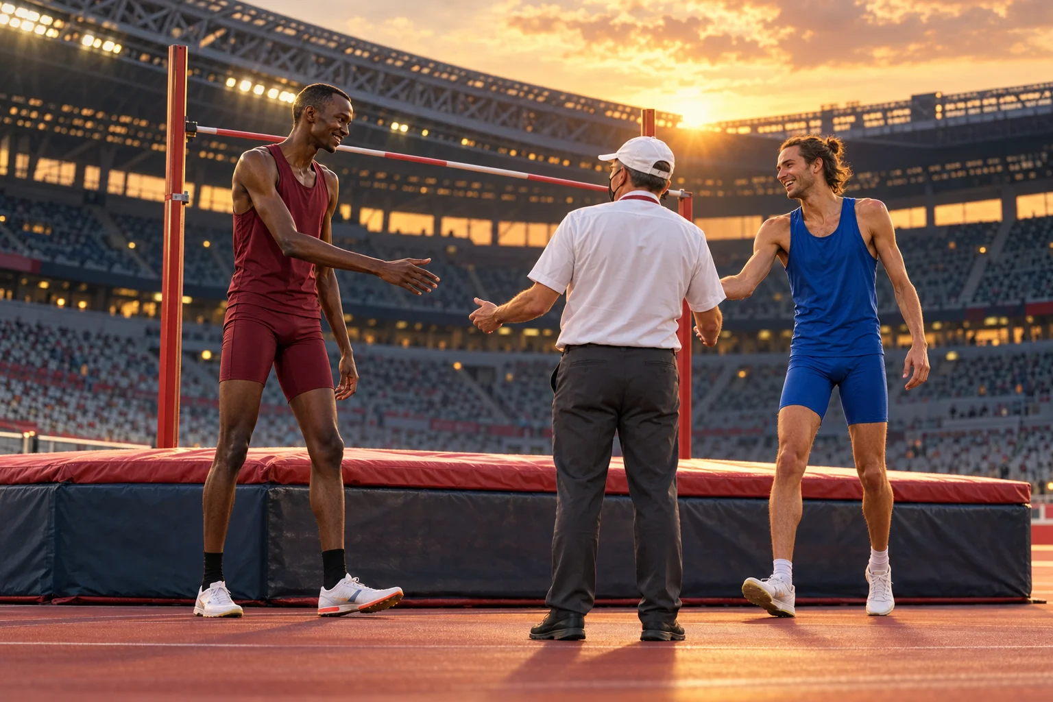 Two high jumpers in burgundy and blue confer with an official beside a landing mat in a stadium.