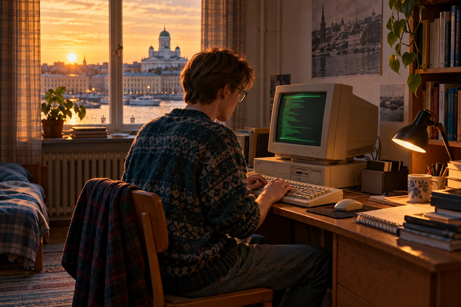 A young programmer works at a beige desktop computer in a modest Helsinki student room.