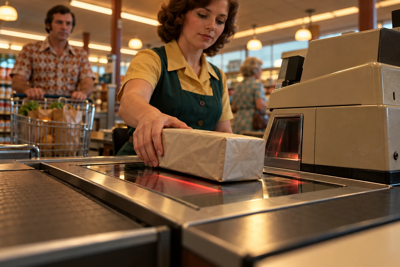 A cashier passes a wrapped grocery package across a large 1970s supermarket scanner.