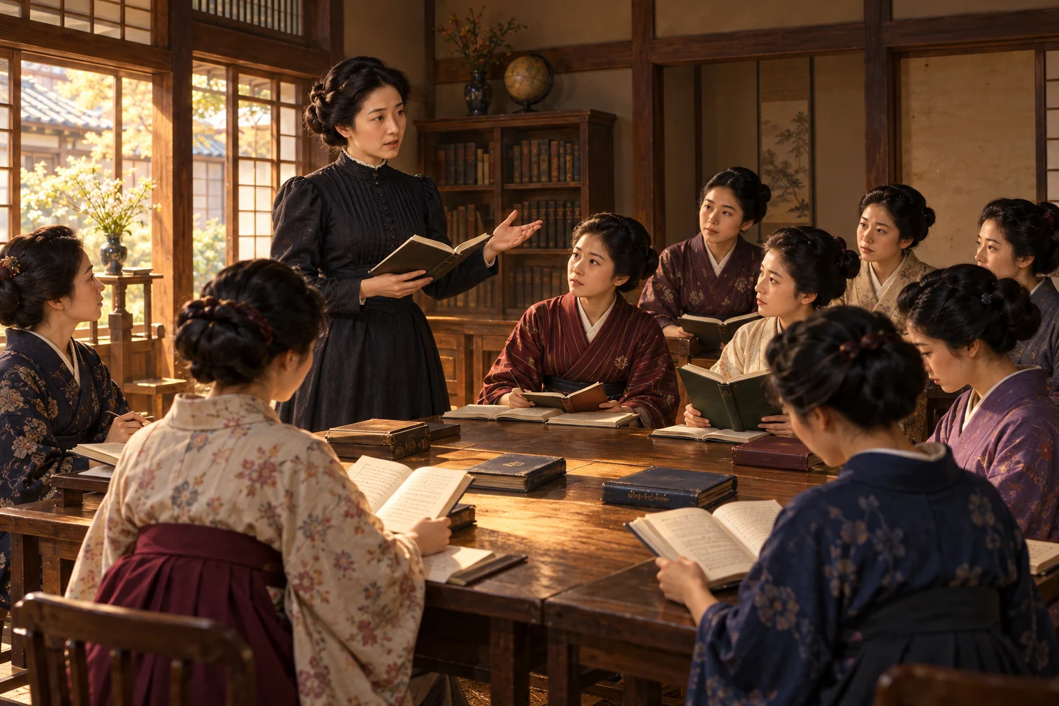 Umeko Tsuda leads a small group of Japanese women studying books in a modest Meiji-era classroom.