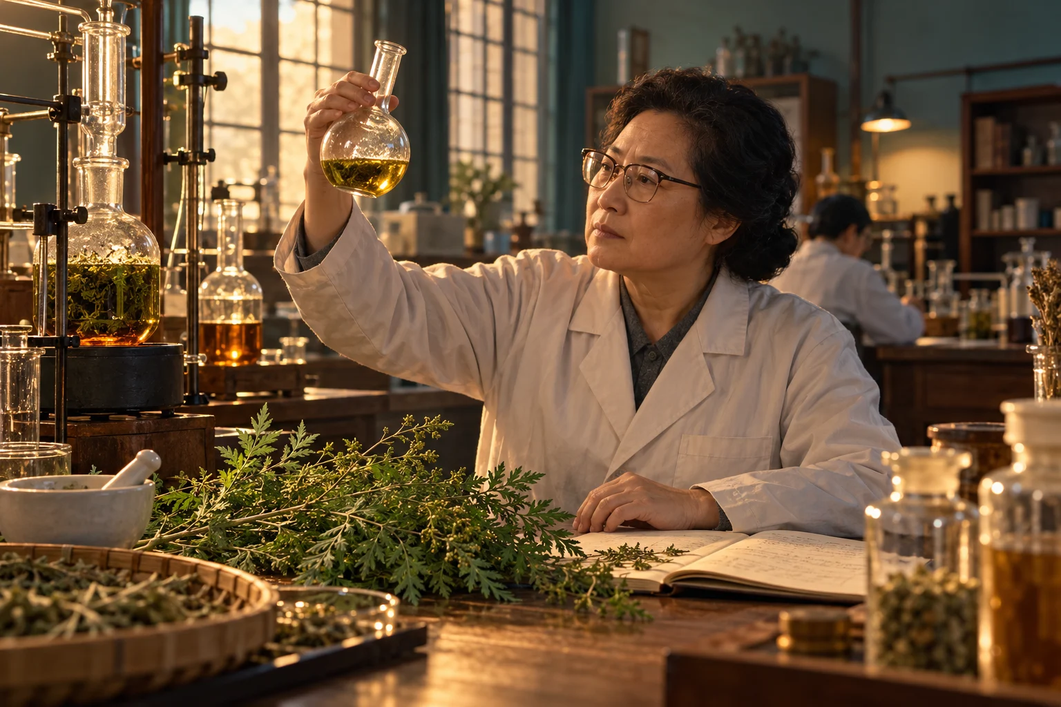 A Chinese researcher examines a flask beside leafy plant specimens and laboratory glassware.