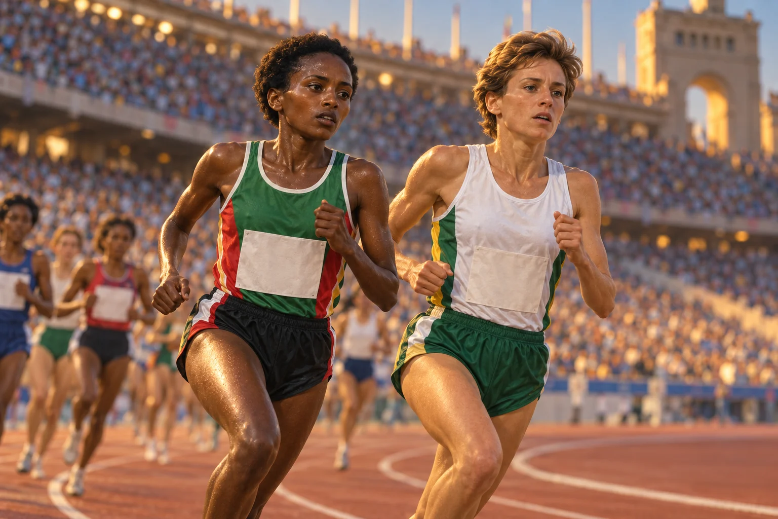 Derartu Tulu and Elana Meyer run side by side during a distance race in a crowded stadium.