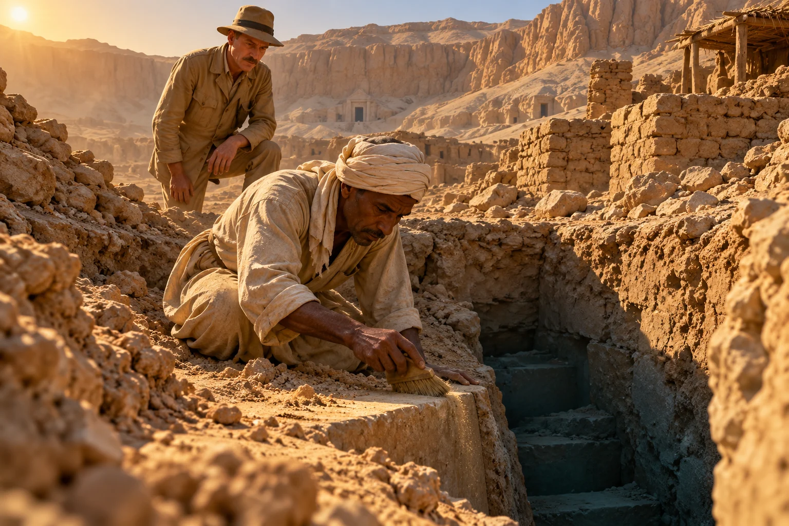 An Egyptian excavation worker brushes sand from a rock-cut step while an archaeologist watches from behind.