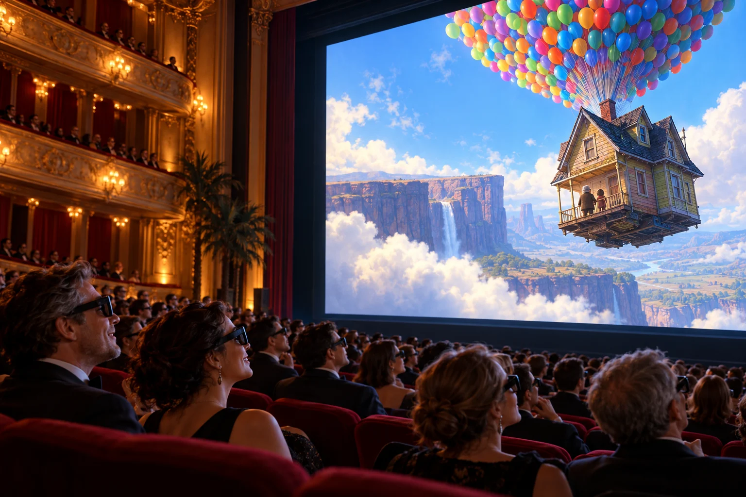 A formal cinema audience watches an animated house lifted into the sky by a cluster of balloons.