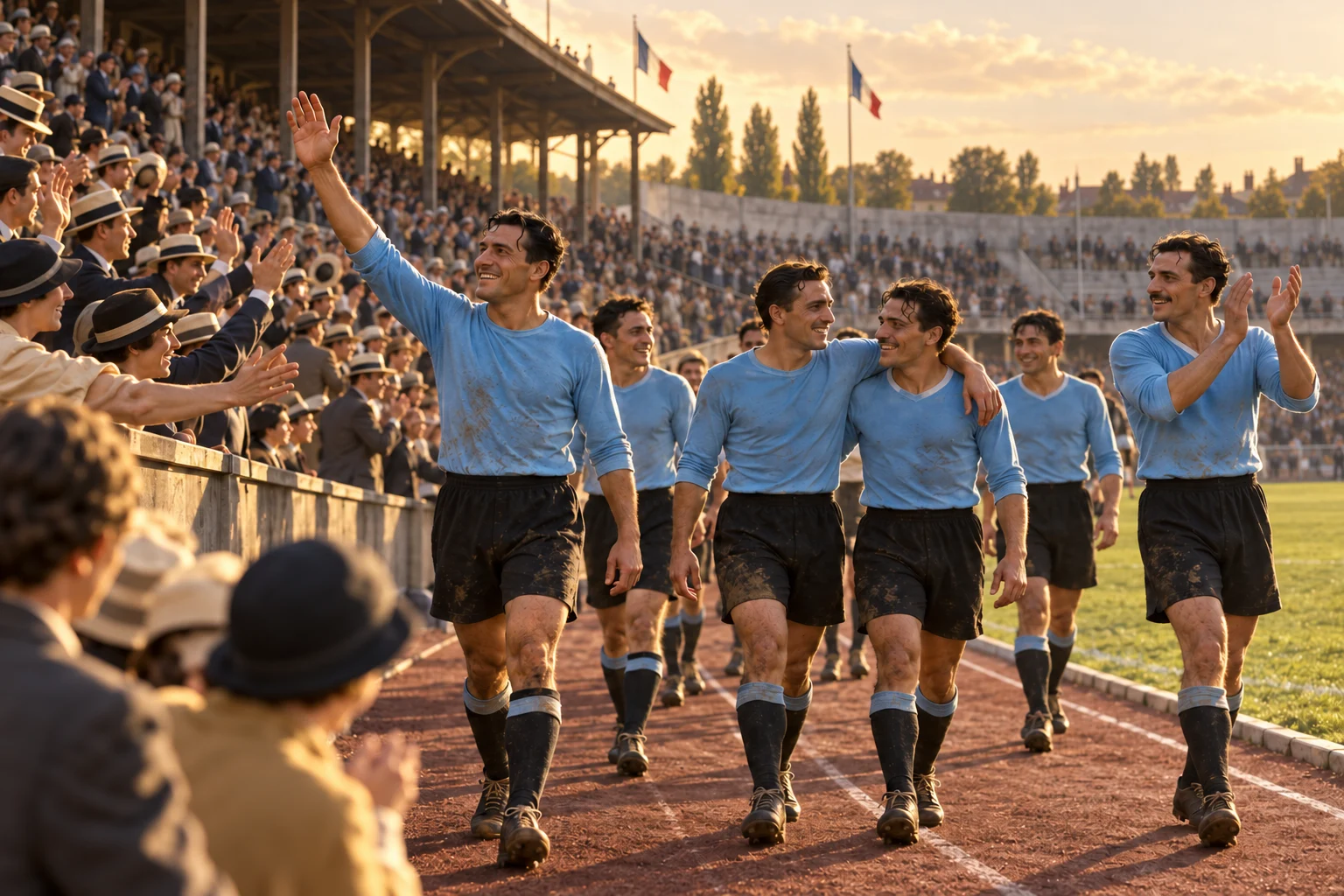 Uruguayan footballers in sky-blue shirts walk together beside the pitch as spectators applaud from period stands.