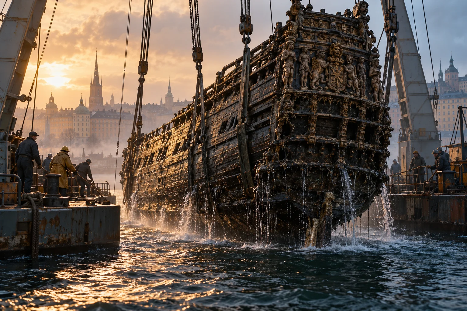 Illustration of a dark carved wooden hull being raised between salvage barges in Stockholm harbour.