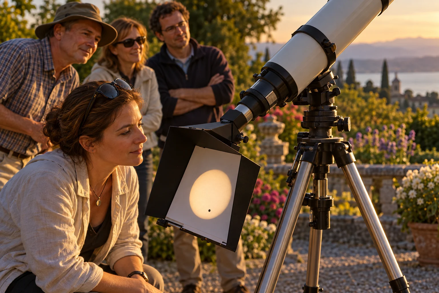 Observers gather around a telescope that projects the Sun and the small silhouette of Venus onto a shaded card.