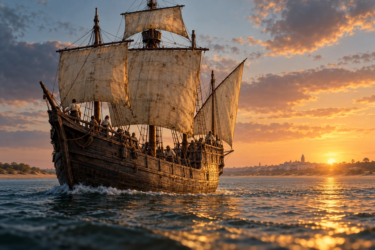 A weathered sixteenth-century sailing ship approaches a low estuary shoreline.