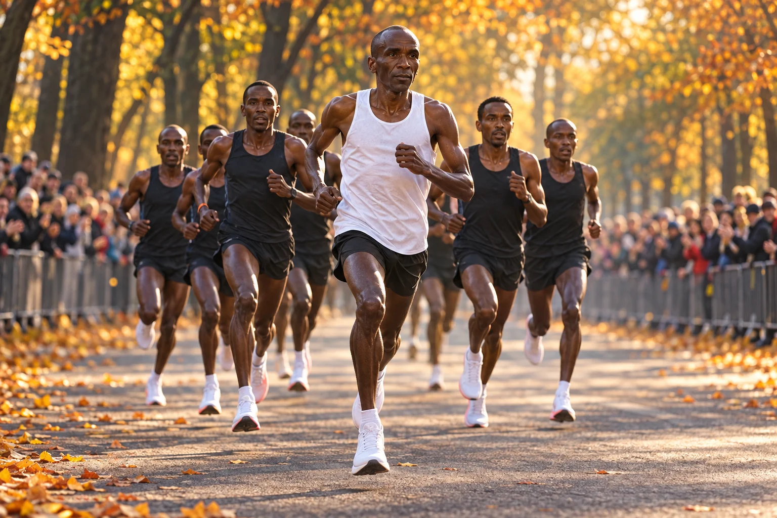 Eliud Kipchoge running with pacemakers on a tree-lined avenue in autumn Vienna.