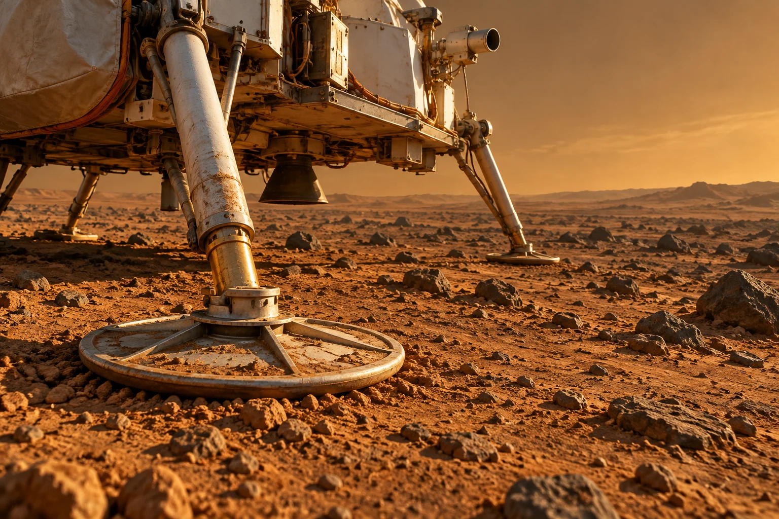 A metallic lander footpad rests on granular, rock-strewn Martian ground beneath a dusty sky.