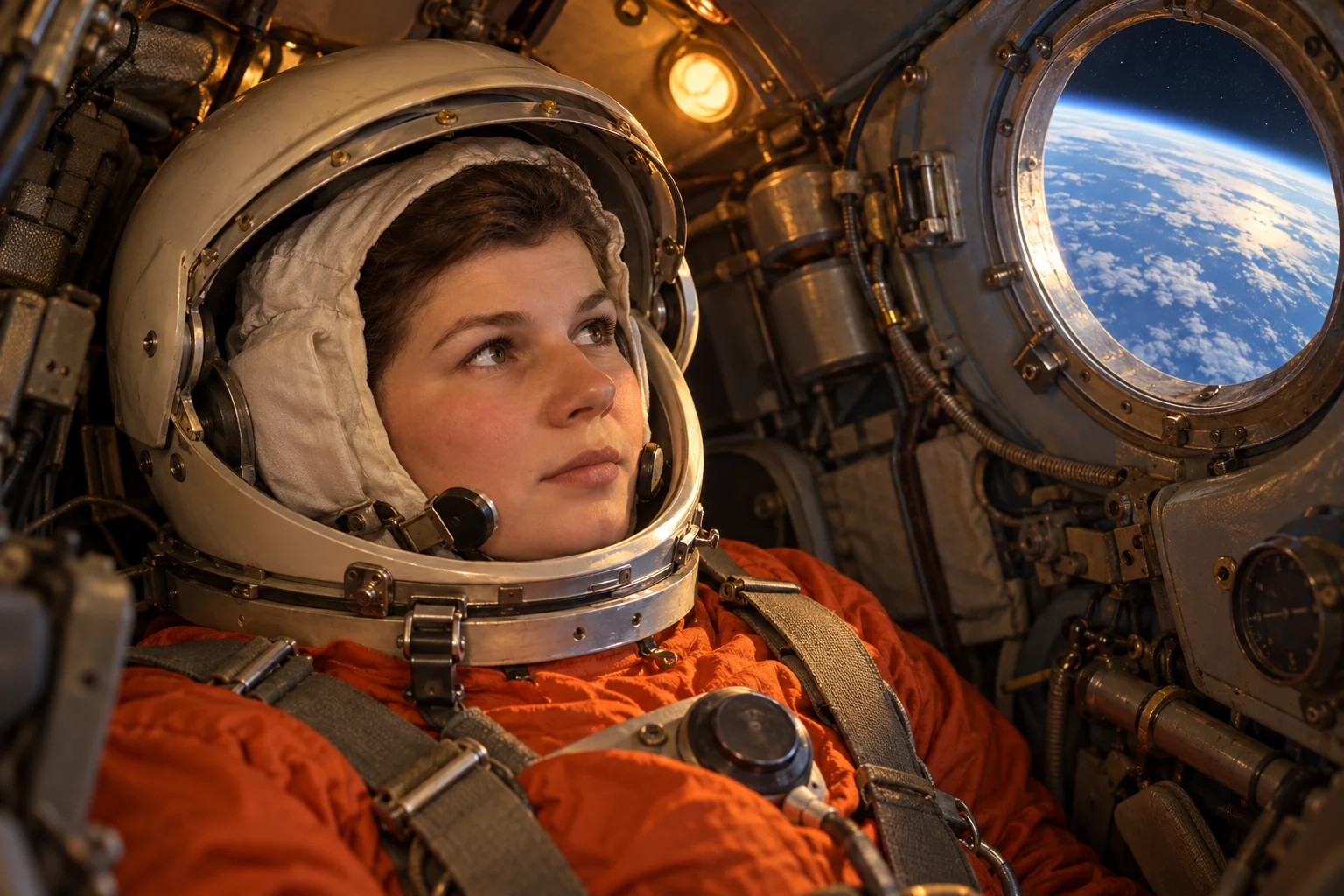 Valentina Tereshkova sits in an orange pressure suit inside a compact spacecraft cabin, with Earth visible through a porthole.