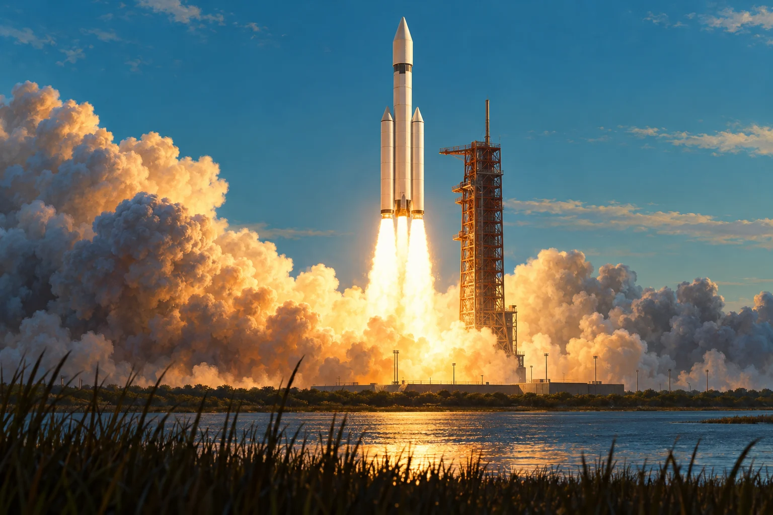 A Titan rocket rises beside its launch gantry above smoke, with water and marsh grass in the foreground.