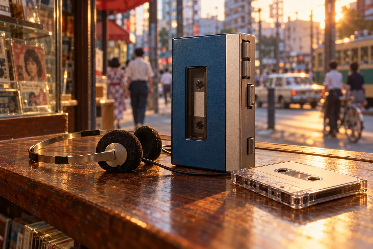 A blue-and-silver portable cassette player, wired headphones and a blank cassette on a shop counter.