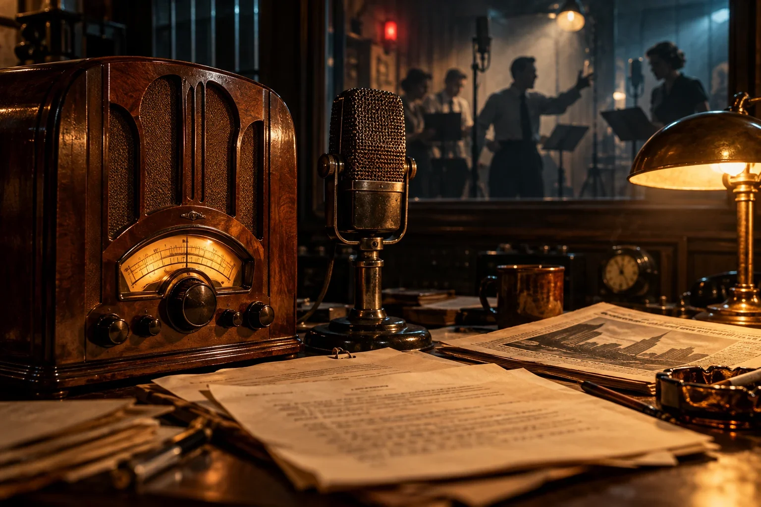 An imagined 1938 radio studio with microphones, script pages and a glowing radio dial.