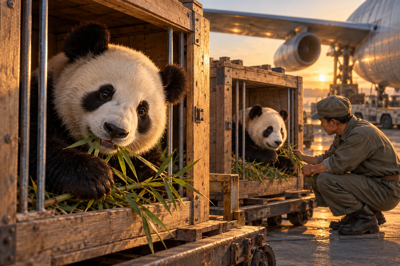 Two young pandas in wooden transport crates receive bamboo from an airfield keeper at dawn.
