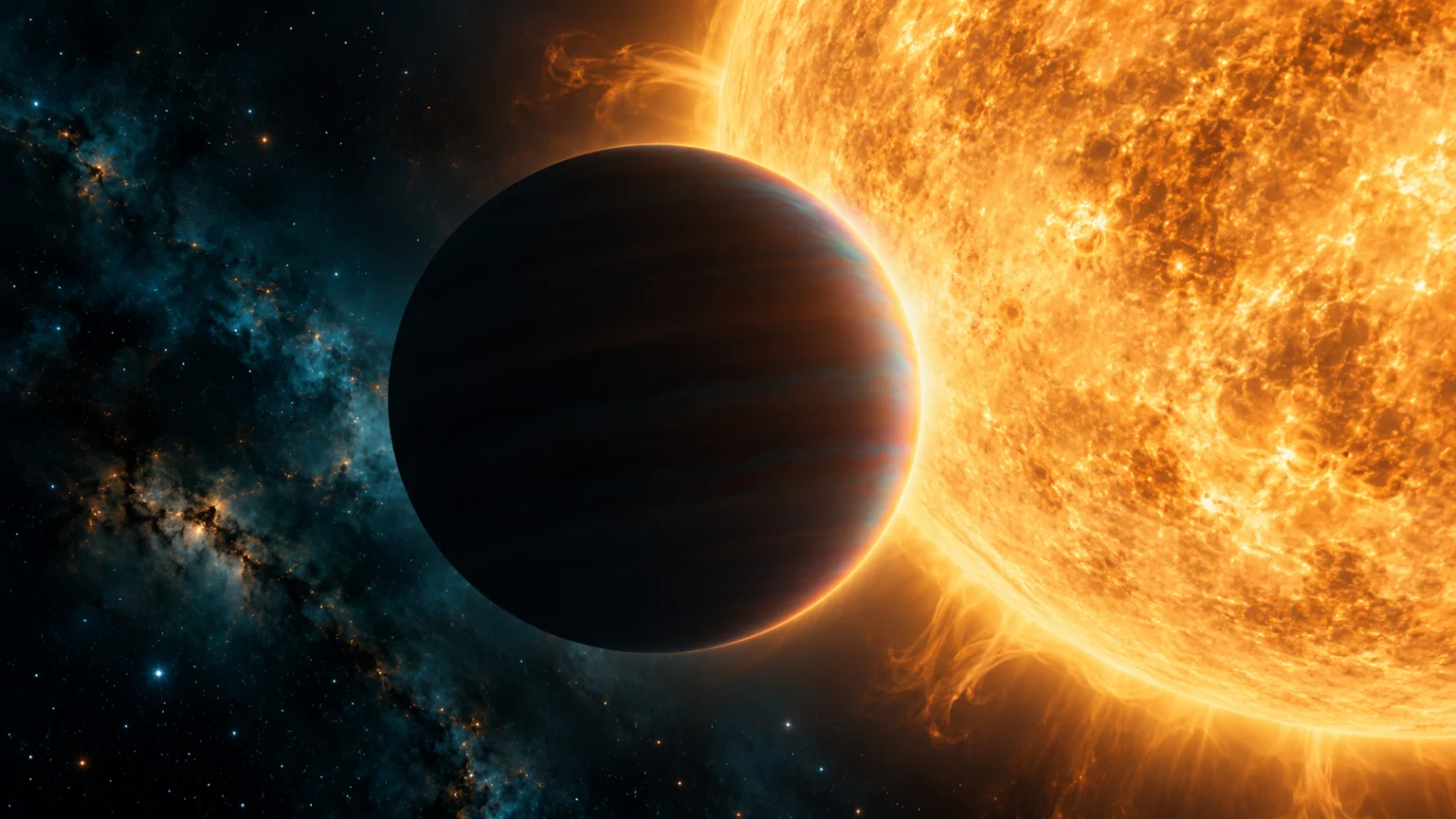 An illustrated gas giant crosses a bright star, with light illuminating a thin atmospheric rim.
