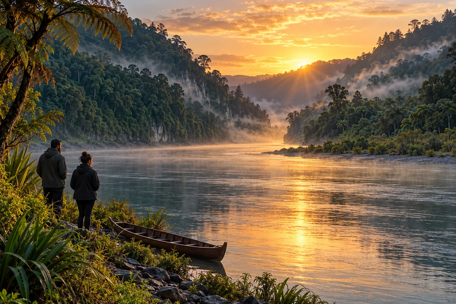 Two people and a wooden canoe beside a misty bend of the Whanganui River.