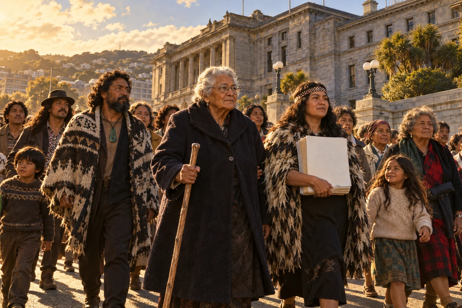Whina Cooper walks with Māori land marchers carrying a petition toward Wellington's Parliament buildings.