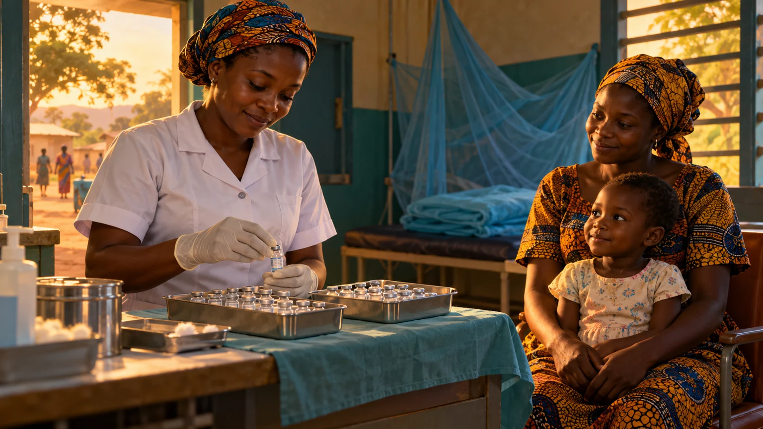 A nurse prepares vaccine vials while a mother and child wait in a modest clinic with a mosquito net nearby.